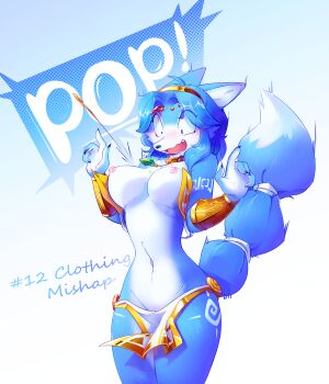 1girl animal_ears animal_nose arm_tattoo artist_name bandeau blue_background blue_eyes blue_fur blue_hair blue_theme blush body_fur breasts cleft_of_venus collarbone constricted_pupils cowboy_shot ear_blush ears_down elizzylilith embarrassed english_text fang female_focus fox_ears fox_girl fox_tail furry furry_female gem gold_hairband gold_trim gradient_background green_gemstone groin hair_intakes hairband hands_up jewelry krystal large_breasts leg_tattoo loincloth_pull looking_down matching_hair/eyes motion_lines navel neck_ring necklace nipples nose_blush open_mouth popped_button pussy pussy_peek red_gemstone short_hair sidelocks signature snout solo standing star_fox star_fox_adventures stiff_tail stomach surprised sweat tail tail_ornament tail_ring tattoo two-tone_fur uncensored wardrobe_malfunction wavy_mouth white_fur white_loincloth wide-eyed yellow_bandeau