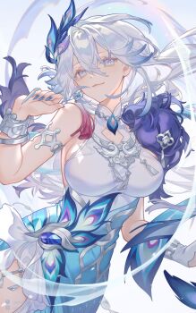 Rule 34 | 1girl, armlet, bangle, bracelet, breasts, bright pupils, claws, clothing cutout, commentary, dress, earrings, english commentary, fur trim, hair between eyes, highres, honkai: star rail, honkai (series), jewelry, large breasts, lazee b, multicolored eyes, nail polish, necklace, peacock feathers hair ornament, single earring, sleeveless, tassel, two-tone dress, two-tone eyes, white hair, yao guang (honkai: star rail)