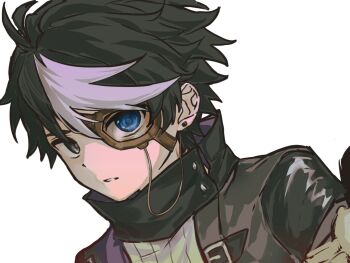 1boy agatdg black_eyes black_hair blue_eyes earrings eli_clark eli_clark_(noir) heterochromia high_collar highres identity_v jewelry looking_at_viewer male_focus official_alternate_costume parted_lips portrait solo white_streaks