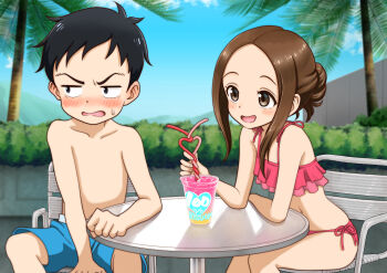 Rule 34 | 1boy, 1girl, :d, bikini, black eyes, black hair, blue male swimwear, blue sky, blue swim trunks, blush, brown eyes, brown hair, chair, crazy straw, cup, day, disposable cup, drink, drinking straw, embarrassed, heart straw, highres, karakai jouzu no takagi-san, male swimwear, medium hair, nishikata, open mouth, outdoors, palm tree, parted bangs, pink bikini, pool, short hair, side-tie bikini bottom, sky, smile, swim trunks, swimsuit, table, takagi-san, tree, very short hair, yachiyo naga