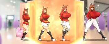 1girl age_progression animal_ears black_footwear blue_eyes blurry blurry_background blush boots breast_expansion breasts brown_hair closed_eyes commission fox_ears fox_girl high_heel_boots high_heels highres huge_breasts jacket large_breasts lipstick_mark mature_female original pants red_jacket red_sweater ribbed_sweater sequential shadow smile sparkle sweater thegxjudgement transformation turtleneck turtleneck_sweater walking white_pants