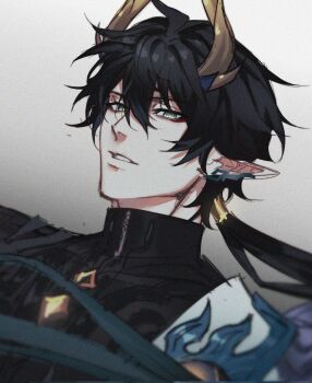 Rule 34 | 1boy, black hair, black shirt, chihuahuarien, commentary, dan heng (honkai: star rail), dan heng (permansor terrae) (honkai: star rail), dutch angle, ear covers, english commentary, floating hair, grey eyes, highres, honkai: star rail, honkai (series), horns, long hair, long pointy ears, male focus, official alternate costume, parted lips, pointy ears, ponytail, portrait, shirt, simple background, single ear cover, solo, yellow horns, zipper