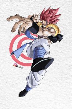 Rule 34 | 1boy, absurdres, beatlo (rodrigo38658978), black vest, dragon ball, dragon ball super, dragon ball super super hero, full body, gogeta, highres, male focus, metamoran vest, muscular, muscular male, no shirt, pants, red eyes, red hair, simple background, solo, spiked hair, super saiyan, super saiyan god, vest, white pants