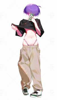 1girl ahoge artist_name baggy_pants black_shirt breasts brown_pants cellphone chromatic_aberration clothes_lift commentary covered_mouth english_commentary facing_viewer full_body groin hair_over_eyes highleg highleg_panties highres holding holding_phone mara_(raneblu) navel no_bra original panties pants phone purple_hair raneblu shirt shirt_lift shoes short_hair simple_background small_breasts smartphone sneakers solo standing taking_picture underwear watermark white_background white_shoes