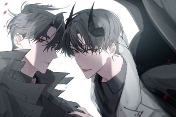 Rule 34 | 2boys, :p, belt collar, black coat, black hair, black shirt, black wings, blood, blood splatter, chest belt, coat, collar, collared shirt, commentary request, curtained hair, demon horns, feathered wings, hayu beck, highres, horns, kim dokja, korean commentary, looking at viewer, male focus, multiple boys, official alternate costume, omniscient reader's viewpoint, open clothes, open coat, parted lips, popped collar, red eyes, shirt, short hair, sidelighting, tongue, tongue out, upper body, white coat, wings, yoo joonghyuk