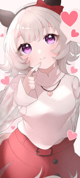 1girl absurdres animal_ears blush bow breasts casual closed_mouth curren_chan_(casual)_(umamusume) curren_chan_(umamusume) ear_bow ear_covers grey_hair hair_between_eyes heart heart_necklace highres horse_ears horse_girl jewelry kurumiya_(krmy_p) long_sleeves looking_at_viewer medium_breasts necklace purple_eyes red_bow red_skirt see-through_clothes see-through_sleeves shirt short_hair skirt smile solo sweater umamusume white_sweater