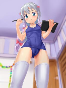 1girl blurry blurry_background blush bow breasts cameltoe eromanga_sensei feet_out_of_frame female_focus from_below grey_hair hair_bow holding holding_stylus holding_tablet_pc indoors izumi_sagiri long_hair looking_at_viewer one-piece_swimsuit rbmuffin small_breasts solo standing stylus swimsuit tablet_pc thighhighs thighs