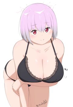 1girl arm_under_breasts black_bra black_panties blush bra breasts cleavage gridman_universe gridman_universe_(movie) halo hand_on_own_arm lace lace-trimmed_bra lace_trim large_breasts leaning_forward lingerie masakin panties pink_hair plump red_eyes shinjou_akane shinjou_akane_(new_order) short_hair smile solo ssss.gridman standing twitter_username underwear white_background