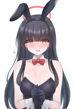 1girl absurdres alternate_costume animal_ear_hairband animal_ears bare_shoulders black_gloves black_hair black_hairband black_leotard blue_archive blush bow bowtie breasts breasts_apart collar collarbone commentary covered_navel detached_collar fake_animal_ears gloves hair_over_eyes hairband halo highres justice_task_force_member_(blue_archive) leotard long_hair looking_at_viewer medium_breasts open_mouth own_hands_together playboy_bunny rabbit_ears red_bow red_bowtie red_eyes red_halo simple_background small_sweatdrop solo strapless strapless_leotard upper_body very_long_hair wachikumori white_background white_collar white_wrist_cuffs wrist_cuffs