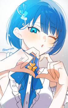 Rule 34 | 1girl, :o, absurdres, arm cuffs, backlighting, blue bow, blue bowtie, blue eyes, blue hair, blush, bob cut, bow, bowtie, breasts, buttons, center frills, clover brooch, commentary, four-finger heart hands, frilled shirt, frills, grey background, hair behind ear, hair ornament, hands up, hatori naco, heart, heart hands, highres, idol, idol clothes, kiritani haruka, light particles, looking at viewer, one eye closed, open mouth, project sekai, shirt, short hair, single sidelock, sleeveless, sleeveless shirt, small breasts, solo, sweat, symbol-only commentary, twitter username, upper body, white shirt