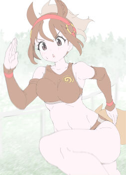 1girl absurdres animal_ears bare_shoulders bouncing_breasts breasts bridle brown_eyes brown_hair brown_sports_bra buruma chestnut_thoroughbred_(kemono_friends) commentary_request extra_ears highres horse_ears horse_girl horse_tail kemono_friends kemono_friends_3 large_breasts long_hair lowlandgorilla multicolored_hair navel ponytail running solo sports_bra sportswear tail white_hair