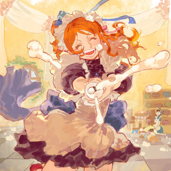 Rule 34 | 1boy, 2girls, antlers, apron, back ribbon, black dress, blue ribbon, closed eyes, commentary, cowboy shot, dress, facing viewer, high ponytail, highres, horns, indoors, long hair, lying, maid, maid apron, maid headdress, multiple girls, nami (one piece), nico robin, official alternate costume, on back, one piece, open mouth, orange hair, ponytail, pov, reindeer antlers, reindeer boy, ribbon, siyangou49, solo focus, tony tony chopper, wavy hair, white apron