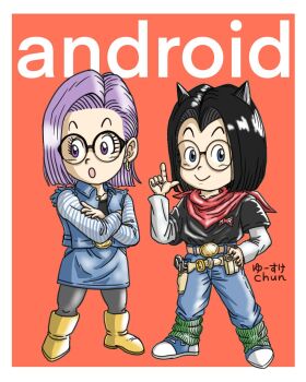 1boy 1girl :o android_17 android_18 android_18_(cosplay) bandana bandana_around_neck belt belt_buckle black_hair black_pantyhose blue_eyes blue_skirt blue_vest bob_cut brown_belt buckle commentary_request cosplay creator_connection crossed_arms denim denim_skirt denim_vest dr._slump dragon_ball dragonball_z earrings glasses hand_on_own_hip highres holster jeans jewelry norimaki_arale obotchaman open_mouth pants pantyhose pouch purple_eyes purple_hair red_bandana signature skirt vest widow's_peak yusuke_chun