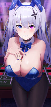 Rule 34 | 1girl, absurdres, alternate costume, animal ears, arm under breasts, bare shoulders, between breasts, blue eyes, blue ribbon, blush, breasts, casino, cleavage, detached collar, grey hair, hair ornament, hand on own chest, heterochromia, highres, indoors, kukro, large breasts, leaning forward, long hair, looking at viewer, neo-porte, pantyhose, pink eyes, playboy bunny, rabbit ears, ribbon, smile, solo, teeth, tentei forte, twintails, virtual youtuber