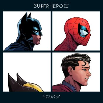 4boys absurdres artist_name batman batman_(series) black_hair blue_eyes commentary cowl dc_comics english_commentary english_text eyelashes frown height_difference highres marvel mask multiple_boys out_of_frame pizza990 red_mask short_hair short_male spider-man spider-man_(series) spider_web_print superhero_costume superman superman_(series) white_background wolverine_(x-men) x-men
