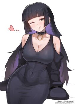 1girl abs barbell_piercing black_choker black_dress black_hair black_sleeves blunt_bangs blush bocchi_the_rock! boosty_username breasts chin_piercing choker cleavage clothing_cutout collarbone colored_inner_hair curvy detached_sleeves dress ear_piercing face_piercing forked_tongue goth_fashion green_eyes heart highres hime_cut indoors industrial_piercing jewelry labret_piercing large_breasts lip_piercing long_hair looking_at_viewer mouth_piercing multicolored_hair one_eye_closed pa-san pants patreon_username piercing purple_hair see-through_cleavage see-through_clothes shoulder_cutout simple_background sitting sleeveless sleeveless_dress sleeves_past_fingers sleeves_past_wrists smile solo stomach straight_hair striped_clothes striped_pants tongue tongue_out vertical-striped_clothes vertical-striped_pants very_long_hair wersman white_background