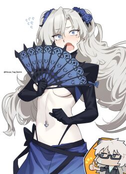 1boy 1girl black_shrug blue_skirt blush breasts chibi fate/grand_order fate_(series) flower folding_fan glasses grey_eyes hair_flower hair_ornament hand_fan highres house_tag_denim kriemhild_(fate) kriemhild_(swimsuit_rider)_(fate) kriemhild_(swimsuit_rider)_(first_ascension)_(fate) large_breasts long_hair long_sleeves looking_at_viewer mole mole_under_eye navel_piercing open_mouth piercing shrug_(clothing) siegfried_(fate) siegfried_(super_cool_biz)_(fate) skirt thumbs_up white_hair