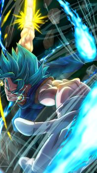 1boy absurdres arm_blade blue_eyes blue_hair blue_pants blue_sash blue_shirt dark_background debris dougi dragon_ball dragon_ball_super earrings energy_ball energy_blade full_body glint gloves hashtag-only_commentary highres jewelry male_focus orange_shirt pants potara_earrings ryo_lovevegito sash shirt solo spiked_hair super_saiyan super_saiyan_blue vegetto weapon white_gloves wind