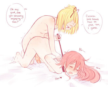 2futa ange_(angeban93) arms_behind_back ass assertive_female blonde_hair blush collar cum doggystyle ejaculation english_text fang femdom flat_chest flip_flappers from_behind futa_with_futa futanari handsfree_ejaculation heart leash leash_pull loli lolidom moaning multiple_futa papika_(flip_flappers) red_hair restrained sex sex_from_behind short_hair top-down_bottom-up white_background yayaka_(flip_flappers) yuri