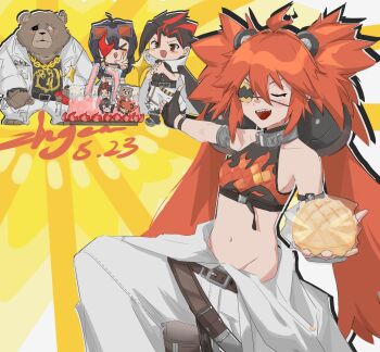 &gt;_&lt; 2boys 2girls animal_ears anton_ivanov bear_boy bear_ears ben_bigger black_hair black_tank_top bread brown_fur cake chibi chinese_commentary closed_eyes commentary_request dated eyepatch food furry furry_male goggles goggles_on_head grace_howard highres holding_bread jacket koleda_belobog looking_at_viewer melon_bread midriff multicolored_hair multiple_boys multiple_girls one_eye_covered open_mouth pants red_hair scar scar_across_eye scar_on_face signature streaked_hair tank_top twintails white_jacket white_pants zenless_zone_zero zhymao