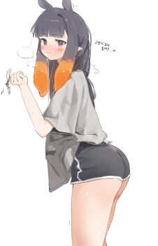 1girl absurdres ass black_eyes black_hair black_shorts blush chocosong closed_mouth dolphin_shorts grey_shirt highres hololive hololive_english long_hair ninomae_ina&#039;nis orange_hair pointy_ears shirt short_shorts shorts simple_background solo tentacle_hair virtual_youtuber white_background