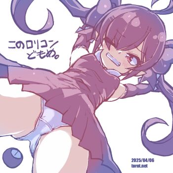 1girl ahoge arms_up backbeako_(torotei) backbeard black_dress black_gloves black_hair blush breasts clenched_teeth commentary cowboy_shot dated dated_commentary dress dutch_angle elbow_gloves from_below gegege_no_kitarou gloves hair_over_one_eye hair_ribbon kono_lolicon_domome loli long_hair looking_at_viewer looking_down monochrome neckerchief one_eye_closed original paid_reward_available panties pointy_ears red_eyes ribbon simple_background sleeveless sleeveless_dress small_breasts solo teeth torotei translated twintails underwear watermark web_address white_background white_neckerchief white_panties