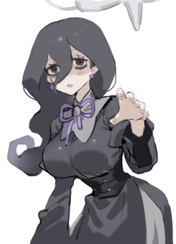 1girl alternate_breast_size_(larger) bags_under_eyes black_dress black_hair blush breasts dress earrings fingernails floating_hair hair_between_eyes hand_up hex_maniac_(pokemon) hex_maniac_(pokemon_legends:_z-a) jewelry juliet_sleeves large_breasts long_hair long_sleeves looking_at_viewer nintendo pokemon pokemon_legends:_z-a puffy_sleeves raine_(acke2445) shaded_face simple_background solo white_background