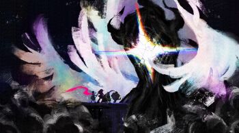 1girl 2boys 2others axe commentary darkness deltarune eldritch_abomination english_commentary faceless furry furry_female furry_male gerson giant giant_monster glowing goat_boy highres horns kris_(dark_world)_(deltarune) kris_(deltarune) monster multiple_boys multiple_others multiple_wings one-eyed over_shoulder ralsei reptile_girl scarf scenery spoilers standing susie_(dark_world)_(deltarune) susie_(deltarune) sword theboatlord titan_(deltarune) turtle_boy umbrakinesis utdr_(toby_fox) weapon weapon_over_shoulder wings