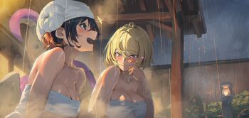 2girls bare_shoulders belle_(zenless_zone_zero) blonde_hair blue_hair blush breasts closed_mouth green_eyes grey_sky highres large_breasts looking_at_another monster_girl multiple_girls naked_towel onsen open_mouth outdoors phaethon_(zenless_zone_zero) purple_eyes rain ringed_eyes roro_(tpghksdlzpq) scylla short_hair sky smile steam tentacle_tail towel towel_on_head upper_body yidhari_murphy yuri zenless_zone_zero