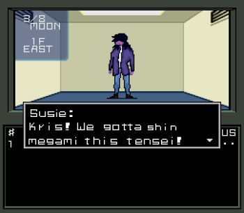 1girl blue_pants colored_skin colored_teeth deltarune dialogue_box fake_screenshot full_body hair_over_eyes heads-up_display highres jacket long_hair long_sleeves lunachainsaw meme pants parody pixel_art purple_jacket purple_skin shin_megami_tensei shin_megami_tensei_i standing susie_(deltarune) user_interface utdr_(toby_fox)