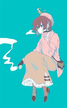 1boy animal animal_on_head aqua_background bag bird bird_on_head boots brown_hair brown_skirt cardigan cigarette commentary_request crossdressing crossdressing_(mtf) expressionless fingerless_gloves frilled_skirt frills gloves gundam gundam_seed hair_between_eyes hair_ornament hairclip high_heel_boots high_heels holding holding_cigarette kira_yamato lace-up_boots long_skirt male_focus non-humanoid_robot on_head pink_cardigan purple_eyes robot robot_animal robot_bird seed0x0 short_hair shoulder_bag simple_background sitting skirt sleeves_past_wrists smoke smoking solo torii_(gundam)