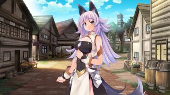 1girl animal_ears armlet atelier-moo barrel blush breasts bush cauldron cleavage cleavage_cutout clenched_hands closed_mouth clothing_cutout cloud collared_dress corset covered_navel cowboy_shot dress flipped_hair flower game_cg grey_eyes highres house jewelry large_breasts lips long_hair mana_(our_battle_has_just_begun!) narrow_waist non-web_source our_battle_has_just_begun! purple_hair side_slit sidelocks sky solo standing tail tree very_long_hair village wolf_ears wolf_girl wolf_tail wooden_house wristband