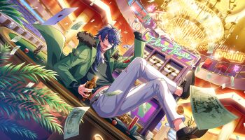 1boy 777 antenna_hair arisugawa_dice arm_up ball belt billiard_ball black_shirt black_shoes blue_hair casino chandelier coin crossed_legs dice dutch_angle earrings falling_money fang fern floating_card fur_trim gambling game_cg green_jacket grey_belt hair_between_eyes hand_up highres holding holding_microphone hypnosis_mic hypnosis_mic:_dream_rap_battle hypnosis_microphone jacket jewelry layered_sleeves long_hair long_sleeves male_focus microphone midriff_peek money non-web_source official_art on_table open_mouth pants plant poker_chip poker_table purple_eyes shirt shoes sleeves_past_wrists slot_machine solo table tassel tassel_earrings teeth torn_clothes torn_pants upper_teeth_only white_pants