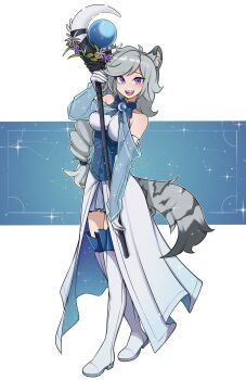 1girl :d animal_ear_fluff animal_ears bare_shoulders blue_background blue_bow blue_bowtie blue_dress boots bow bowtie breasts commentary commission dress elbow_gloves english_commentary full_body gloves grey_hair hair_tie hand_up highres holding holding_staff large_breasts leopard_ears leopard_girl leopard_tail long_hair looking_at_viewer oninuer open_mouth original parted_bangs purple_eyes smile solo staff standing tail thigh_boots two-tone_background two-tone_dress white_background white_boots white_dress white_gloves