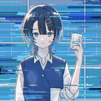 1girl abstract_background absurdres bandaid bandaid_on_cheek bandaid_on_face blue_background blue_cardigan blue_hair blunt_bangs cardigan cardigan_vest chromatic_aberration collared_shirt colored_tips commentary_request cup drinking_glass expressionless glitch grey_eyes hair_ornament hairclip hand_up highres holding holding_cup kamitsubaki_studio light_frown looking_at_viewer medium_hair multicolored_hair narume official_art pixel_art popped_collar shirt sinsekai_record sleeves_rolled_up soda solo sooda_(sinsekai) straight-on upper_body virtual_youtuber white_shirt