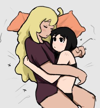 Rule 34 | 2girls, absurdres, black hair, blonde hair, bra, chito (shoujo shuumatsu ryokou), cuddling, highres, multiple girls, shoujo shuumatsu ryokou, squidmiku , thighs, underwear, yuri, yuuri (shoujo shuumatsu ryokou)