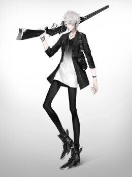 Rule 34 | 1boy, black jacket, blue eyes, bracelet, closed mouth, cross, cross earrings, cross necklace, earrings, fingernails, gradient background, grey hair, gun, gunblade, hair over one eye, handgun, highres, holding, holding gun, holding weapon, holster, holstered, jacket, jewelry, male focus, mecha danshi, necklace, original, over shoulder, reckless dog, science fiction, single earring, sleeves rolled up, smile, solo, standing, weapon, weapon over shoulder