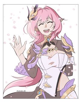 1girl absurdres black_shorts breasts cleavage commentary corset elf elysia_(honkai_impact) elysia_(miss_pink_elf)_(honkai_impact) english_commentary falling_petals hair_ornament highres honkai_(series) honkai_impact_3rd kursed_tea large_breasts long_hair petals pink_hair pointy_ears shorts shrug_(clothing) simple_background smile solo twitter_username very_long_hair white_background white_corset