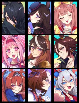 6+girls agnes_digital_(full-color_fangirling)_(umamusume) agnes_digital_(umamusume) ahoge animal_ears ascot bag bare_shoulders black_coat black_hair black_jacket blue_eyes blue_flower blue_hairband blue_jacket blue_nails blue_rose blush bow brown_hair closed_eyes closed_mouth coat collarbone collared_shirt commentary daiwa_scarlet_(peak_blue)_(umamusume) daiwa_scarlet_(umamusume) dress ear_covers ear_tag earrings english_commentary enosst epaulettes fang fingerless_gloves flipped_hair flower flower-shaped_pupils flower_in_eye fur_choker gloves green_jacket grey_hair hair_between_eyes hair_bow hair_intakes hair_over_one_eye hairband haru_urara_(bestest_prize)_(umamusume) haru_urara_(umamusume) hat hat_flower headband highres horse_ears horse_girl jacket jewelry long_hair long_hair_between_eyes long_sleeves looking_at_viewer manhattan_cafe_(creeping_shadow)_(umamusume) manhattan_cafe_(umamusume) meisho_doto_(turbulent_blue)_(umamusume) meisho_doto_(umamusume) multicolored_hair multicolored_hairband multiple_girls necktie off-shoulder_dress off_shoulder open_mouth own_hands_clasped own_hands_together parted_lips pink_eyes pink_hair pink_hairband pink_headband ponytail portrait purple_eyes red_eyes red_gloves red_headband rice_shower_(rosy_dreams)_(umamusume) rice_shower_(umamusume) rose shirt shoulder_bag single_earring single_epaulette sleeveless smile stopwatch stopwatch_around_neck streaked_hair striped_clothes striped_hairband symbol-shaped_pupils symbol_in_eye symboli_rudolf_(emperor's_path)_(umamusume) symboli_rudolf_(umamusume) tamamo_cross_(fast_as_lightning)_(umamusume) tamamo_cross_(umamusume) teeth tiara tilted_headwear twintails two-tone_hair two-tone_hairband umamusume v very_long_hair vodka_(umamusume) vodka_(wild_top_gear)_(umamusume) watch white_ascot white_gloves white_hair white_jacket white_shirt yellow_bow yellow_eyes yellow_necktie