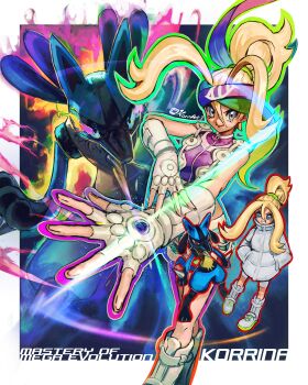 1girl absurdres aura bare_shoulders blonde_hair gen_4_pokemon gloves hands_in_pockets high_ponytail highres jacket kornart korrina_(pokemon) long_hair lucario mega_stone nintendo pokemon pokemon_(creature) pokemon_legends:_z-a ponytail purple_shirt shirt shorts white_gloves white_jacket white_shorts