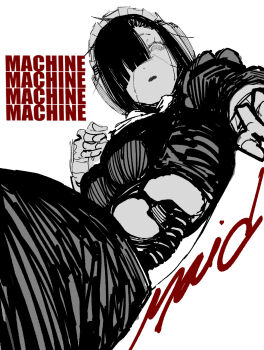 10_4_(10f0ur) 1girl breasts english_text from_behind greyscale hair_over_one_eye headphones highres juliet_sleeves long_sleeves looking_at_viewer maid maid_headdress monochrome original parted_lips partially_colored puffy_sleeves robot_girl short_hair simple_background solo white_background