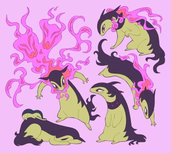 absurdres closed_eyes closed_mouth commentary cyndaquil doodlelotl english_commentary fire gen_2_pokemon highres hisuian_typhlosion lying nintendo no_humans pink_background pink_fire pokemon pokemon_(creature) pokemon_focus red_eyes sleeping smile