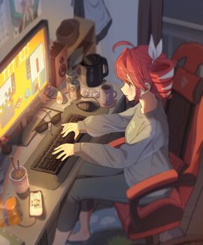 1girl absurdres ahoge ai_no_uta_(synthesizer) apron aqua_hair aqua_necktie ataman_ita_(synthesizer_v) balcony bare_shoulders basket bird blush bow calendar_(object) can chair chiccha_na_watashi_(synthesizer_v) chips_(food) coffee coffee_mug computer_keyboard computer_mouse cup daidaidaidaidaikirai detached_sleeves drill_hair duck electric_kettle food gaming_chair grey_shirt grey_sweater hair_between_eyes hair_bow hair_ribbon hashtag-only_commentary hatsune_miku highres hito_mania_(utau) igaku_(utau) instant_cup_noodles instant_noodles kasane_teto kasane_teto_(sv) kettle leggings liar_dancer_(synthesizer_v) long_hair long_sleeves looking_at_object magic_maid_(synthesizer_v) maid maid_apron medicine_bottle mikazuki123457 monitor mug necktie open_mouth out_of_frame pearto pill poster_(object) potato_chips railing red_eyes red_hair red_nails ribbon rug science_(synthesizer_v) shelf shirt sitting sleeveless sleeveless_shirt solo speaker sunglasses sweatdrop sweater swivel_chair synthesizer_v table tetoris_(synthesizer_v) tetris twin_drills twintails typing utau very_long_hair vocaloid watermark white_ribbon wooden_floor