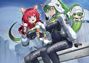 Rule 34 | 1girl, absurdres, akekuri (arknights), animal ears, arknights, arknights: endfield, black bodysuit, blue eyes, bodysuit, closed eyes, crocodile girl, dog ears, dog girl, fingerless gloves, fluorite (arknights), food, gloves, green hair, green tail, hair between eyes, haku rege, highres, holding, holding food, holding ice cream, hooded shrug, ice cream, long hair, multicolored shrug, open mouth, outdoors, ponytail, red hair, shrug (clothing), sitting, snake girl, snake tail, tail, thighs, two-tone shrug