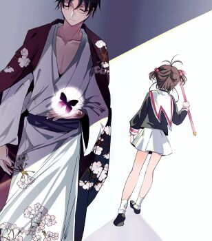 1990s_(style) 1boy 1girl brown_hair cardcaptor_sakura clamp closed_eyes company_connection creator_connection crossover japanese_clothes kimono kinomoto_sakura meimi_k retro_artstyle school_uniform short_hair short_twintails skirt tomoeda_middle_school_uniform twintails wand watanuki_kimihiro xxxholic