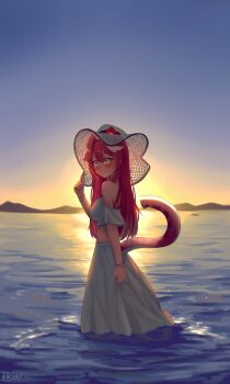 1girl absurdres adjusting_clothes adjusting_headwear animal_ears blue_sky center-flap_bangs closed_mouth clothing_cutout commentary cropped_shirt double-parted_bangs english_commentary hat highres hololive hololive_english long_hair looking_at_viewer multicolored_hair outdoors panther_ears panther_girl panther_tail pink_hair pyrokuro raora_panthera shirt shoulder_cutout sidelocks skirt sky smile solo streaked_hair sun_hat sunset tail virtual_youtuber wading white_hair white_shirt white_skirt yellow_eyes