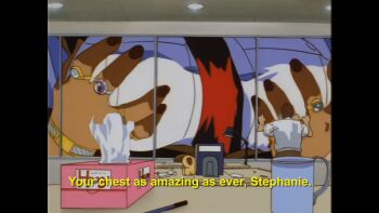 1girl 2boys alternate_size animated animated_gif breast_focus breasts burn-up burn-up_excess coffee_mug condensation cup english_text giant giant_male giantess grabbing_another&#039;s_breast grabbing_from_behind groping jewelry kinezono_rio large_breasts looping_animation mug multiple_boys necktie police police_uniform policewoman ring tissue_box window window_fog