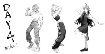 3girls absurdres ahoge arms_up awa_subaru blush breasts commentary crop_top dated ear_piercing girls_band_cry greyscale hair_between_eyes hair_ribbon hashtag-only_commentary highres kawaragi_momoka loafers long_hair looking_at_viewer medium_breasts mole mole_under_eye monochrome multiple_girls one_eye_closed pants piercing ponytail ribbon rupa_(girls_band_cry) shoes short_hair short_sleeves simple_background skirt socks standing standing_on_one_leg track_pants white_background ydpfa