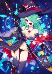 Rule 34 | 1girl, absurdres, black gloves, black panties, black thighhighs, book, breasts, character request, cleavage, fingerless gloves, gloves, green hair, hair over one eye, hat, highres, holding, holding book, holding wand, horns, jewelry, large breasts, long hair, looking at viewer, museca, nail polish, navel, night, panties, pendant, pointy ears, red eyes, red nails, sharp teeth, shichi (ponpeex), sky, smile, solo, star (sky), starry sky, teeth, thighhighs, underwear, very long hair, wand, witch hat