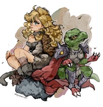 2girls arm_up armor artist_name ayla_(chrono_trigger) azala bandaged_leg bandages blonde_hair blue_eyes border breastplate breasts brown_background cape chrono_trigger clawed_feet clawed_hands cleavage colored_skin commentary_request fangs fangs_out from_side fur_bikini fur_cape fur_scarf fur_shoes fur_skirt green_skin hand_on_own_knee highres leaf looking_up medium_breasts multiple_girls outdoors pauldrons red_cape reptile_girl shin_guards shoulder_armor signature sitting slit_pupils uzutanco white_background white_border yellow_eyes